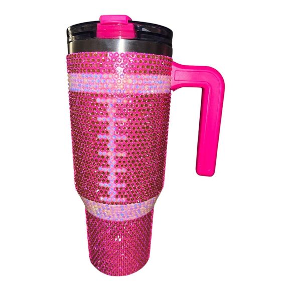 "Hot PINK" Football BLING RHINESTONE tumbler cup lid & handle 40 ounce oz - Picture 2 of 8